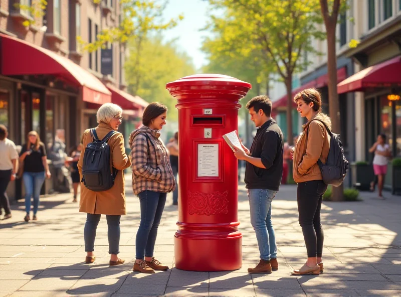 A bright red mailbox stands prominently in a town square, surrounded by people.