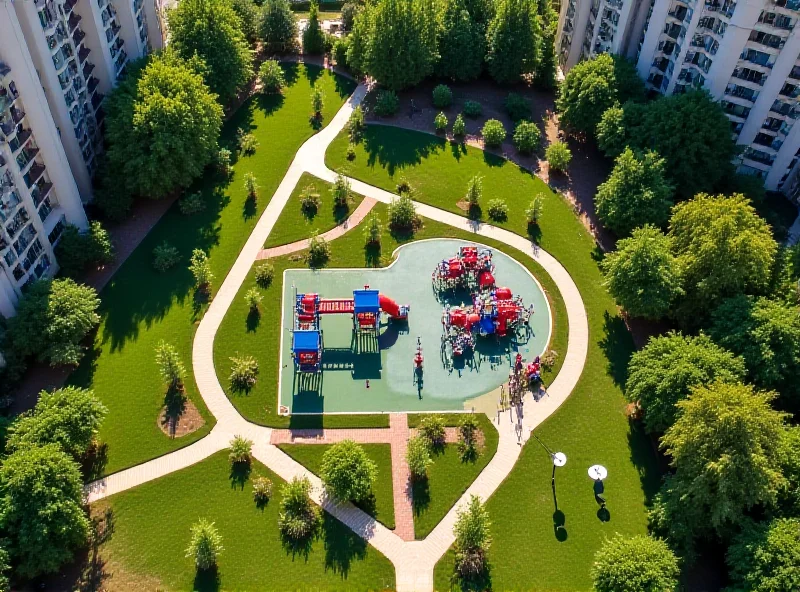 Aerial view of a park with walking paths, playground equipment, and green spaces.