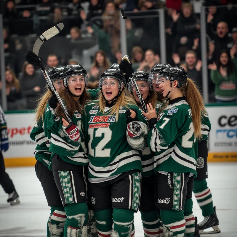 A group of female hockey players from Marshfield celebrating their overtime victory against Duxbury, with arms raised and joyful expressions.