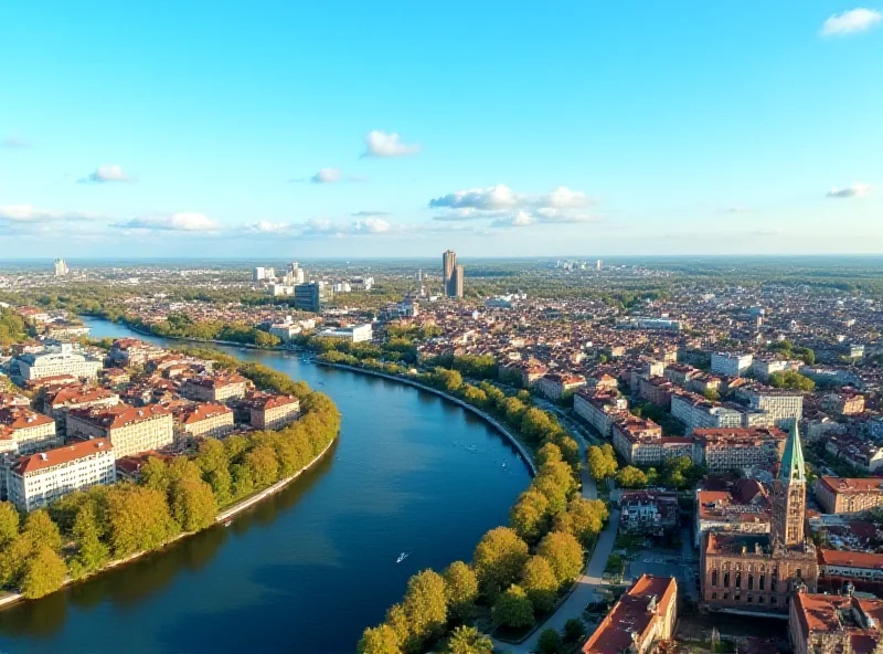 Aerial view of Łódź city center under a bright sunny sky.