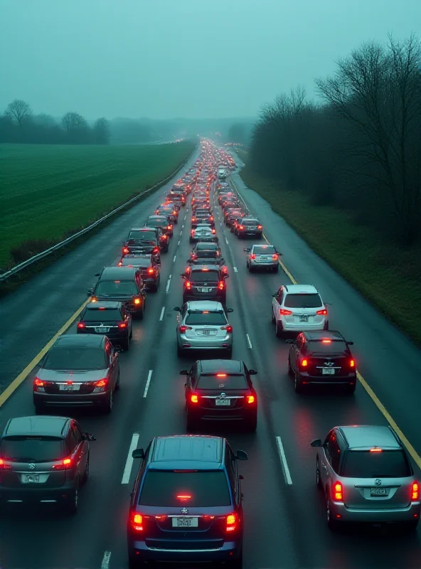 A congested highway with cars backed up for miles. Red brake lights are visible.