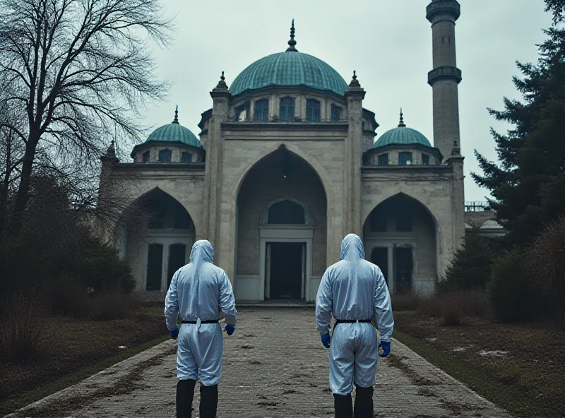 Exterior of a mosque, potentially damaged by fire, with investigators present.