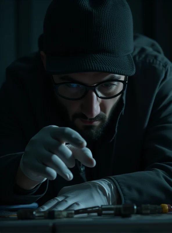 A detective examining evidence at a crime scene, possibly related to a cold case.