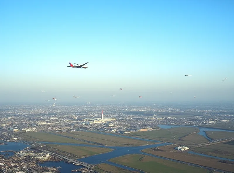 Aerial view of London Heathrow airport with multiple planes taking off and landing