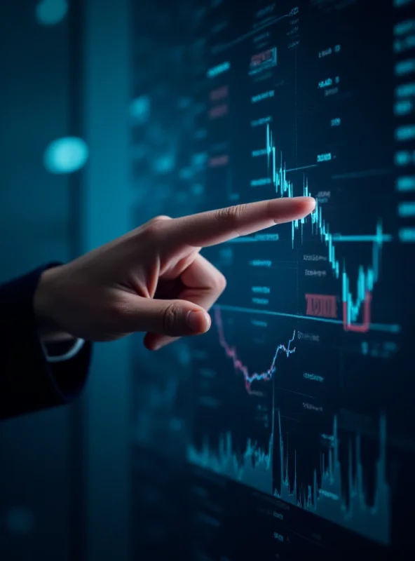 Close up of a hand pointing at stock market data on a screen.