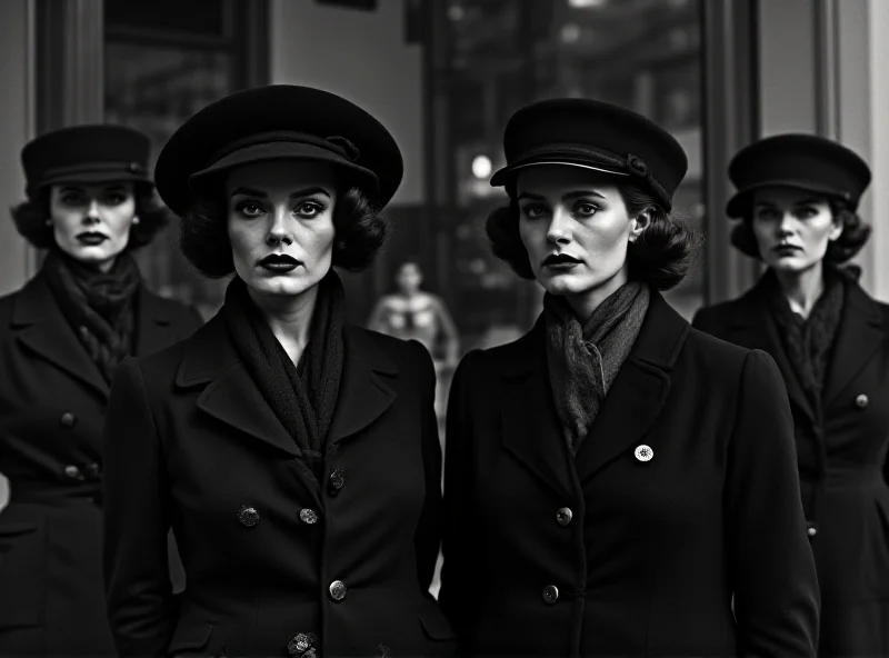 A black and white photograph depicting a group of women in London in the early 20th century, dressed in stylish but practical clothing, possibly standing outside a shop or a building. The style should be reminiscent of historical crime photography, emphasizing the era and the women's determined expressions.