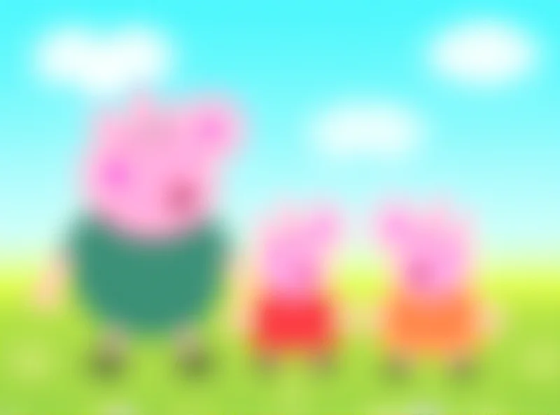 A brightly colored, cheerful cartoon illustration of Peppa Pig and her family: Daddy Pig, Mummy Pig, and George. They are standing in a sunny, green field with a blue sky in the background. Mummy Pig has a noticeable baby bump. The style should be consistent with the Peppa Pig animation style.