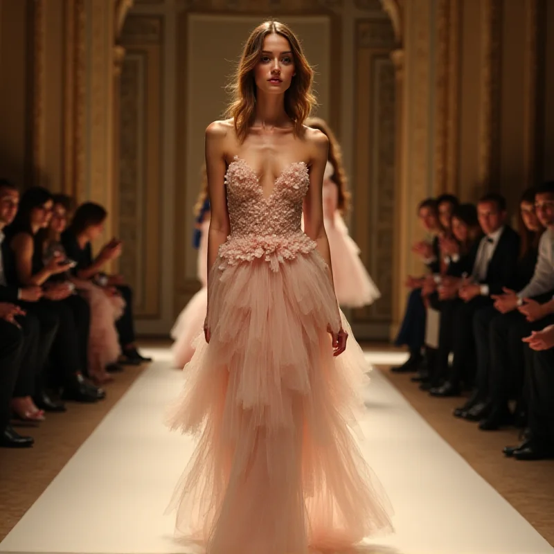 A photograph taken during a fashion show featuring a model wearing a Simone Rocha design. The model is walking down the runway, showcasing a dress with ultra-feminine details like bows, ruffles, and delicate fabrics. The background is a grand, historic hall, possibly Goldsmiths' Hall, with ornate architecture and elegant lighting.
