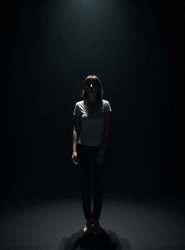 A lone woman standing on a stage, bathed in harsh lighting, conveying a sense of fear and vulnerability