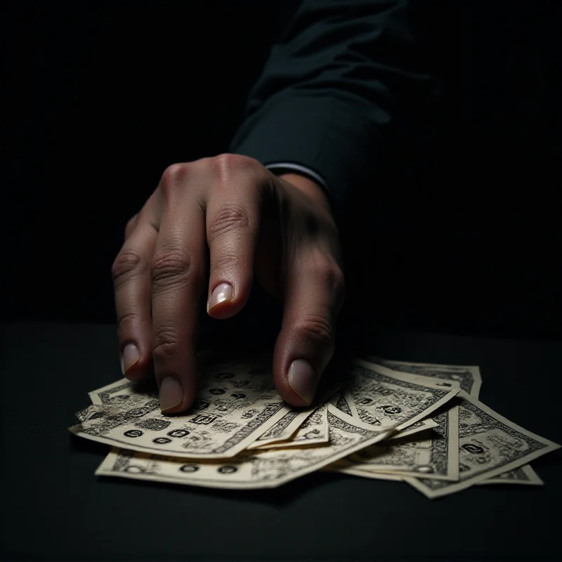 A hand reaches out to grasp a stack of lottery tickets, with a dark and ominous shadow looming over them.