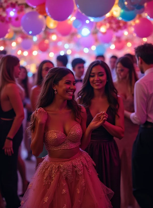 A group of diverse high school students dressed in formal attire smiling and dancing at a prom.
