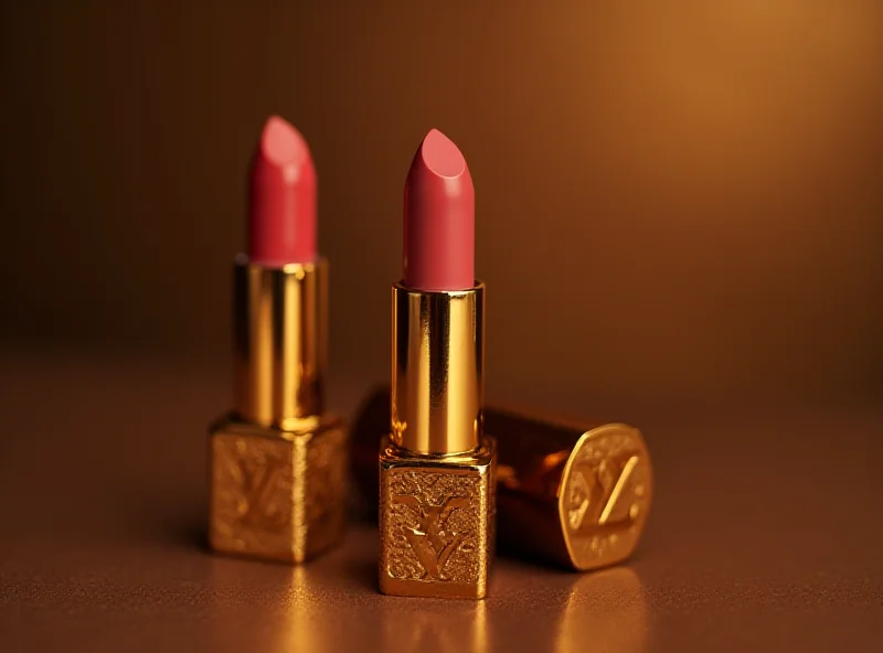 Close-up shot of a luxurious Louis Vuitton lipstick tube in gold packaging.