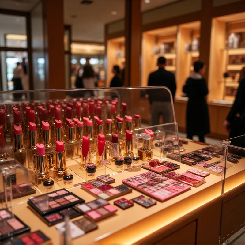 A display case showcasing the new Louis Vuitton makeup line, with various lipstick shades and eyeshadow palettes.