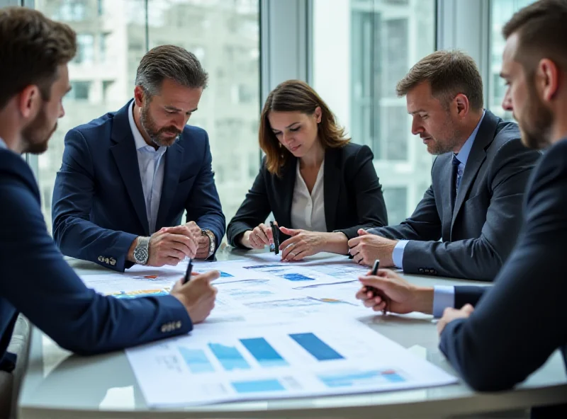 Image depicting a group of financial advisors reviewing charts and discussing investment strategies.