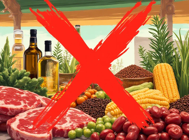 Illustration of various food items like meat, coffee, corn, and olive oil with a crossed-out import tax symbol