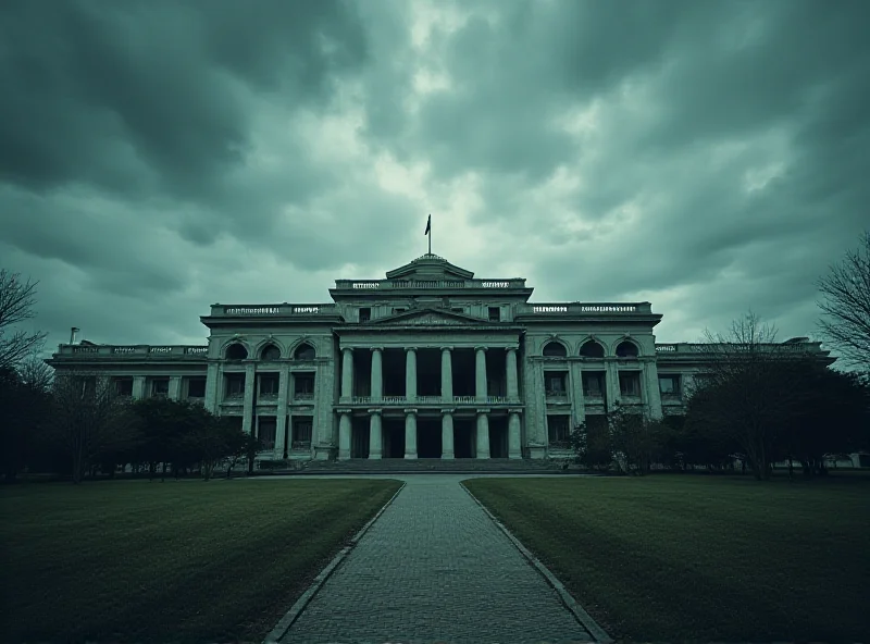 A stylized image of the Brazilian Presidential Palace, Palácio do Planalto, under a cloudy sky, conveying a sense of political tension.