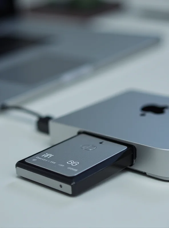 A close-up shot of a sleek, modern external SSD connected to a Mac mini, emphasizing its compact size and portability.