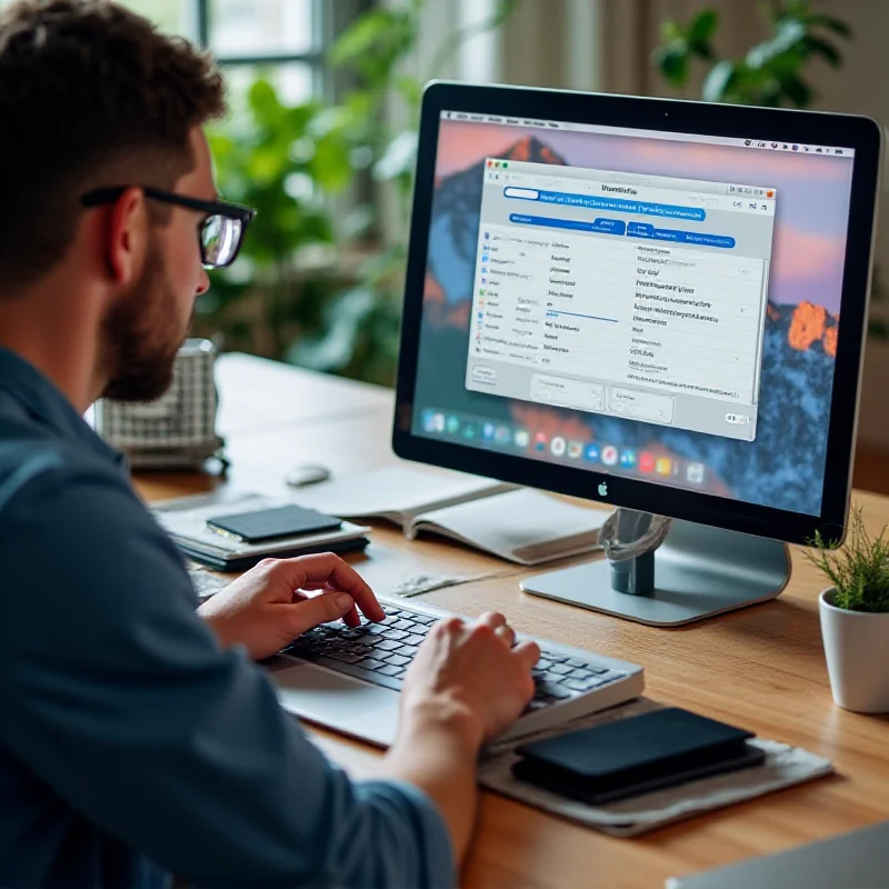 A person working at a desk with a Mac, external SSD, and the Shortcuts app open, illustrating a productive workflow.