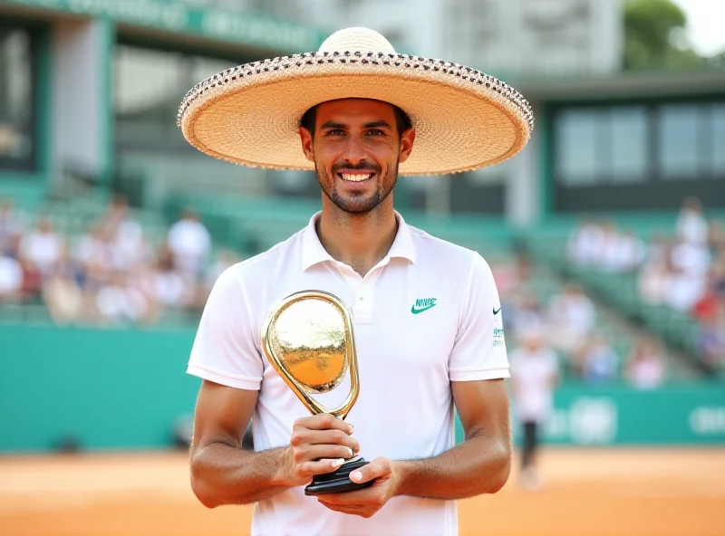 Tomáš Macháč holding the trophy and wearing a sombrero, smiling broadly.