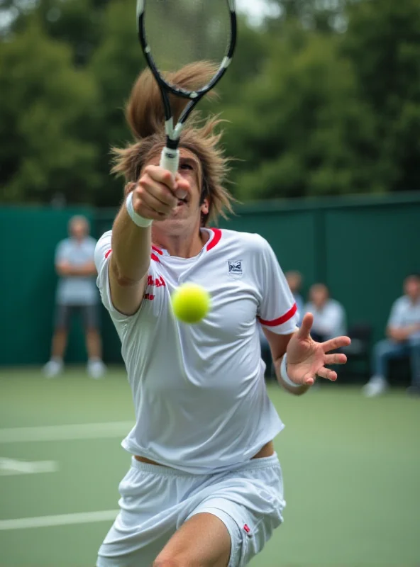 Close-up of Tomáš Macháč serving during a tennis match.