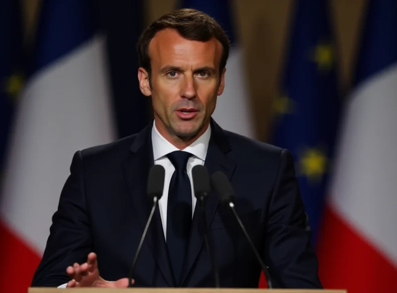 Emmanuel Macron giving a speech at a podium with the French flag behind him.
