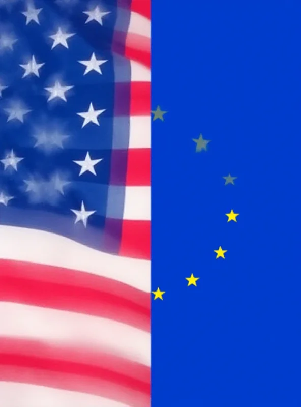 Split image: On the left, a stylized depiction of the US flag. On the right, a stylized depiction of the European Union flag.