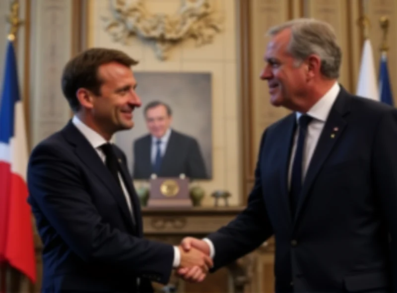 Macron and Merz shaking hands in a formal setting.