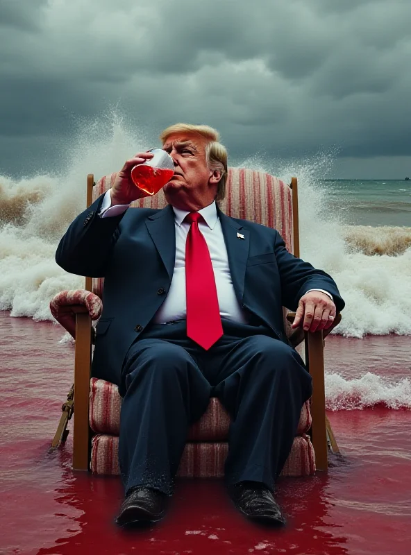AI generated image of Trump on a beach with blood-red waves.