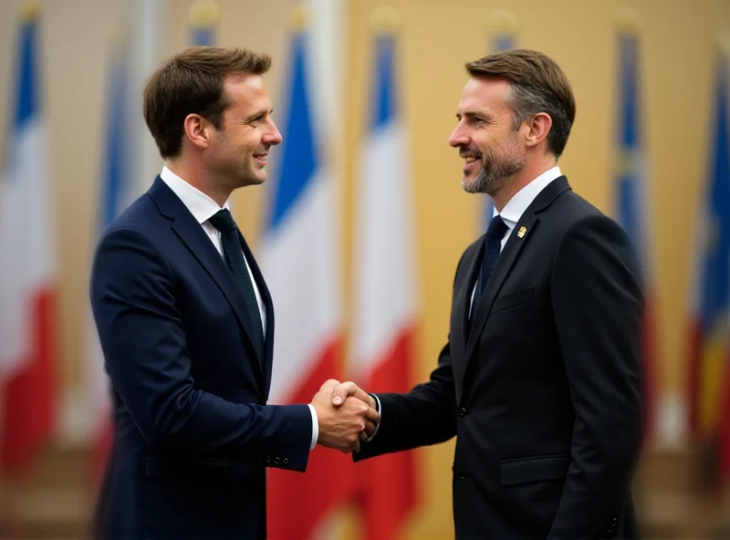 Emmanuel Macron and Volodymyr Zelensky shaking hands at a summit, with flags of France and Ukraine in the background.