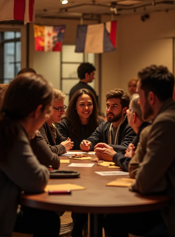 A diverse group of people sitting around a table discussing issues related to French identity, with French flags in the background.