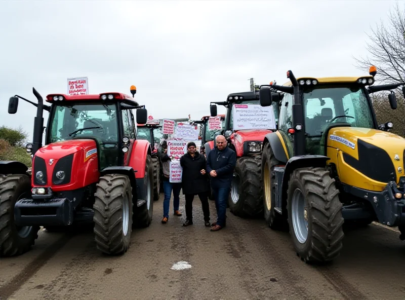 A line of tractors blocking a border crossing, with farmers holding signs protesting cheap food imports.