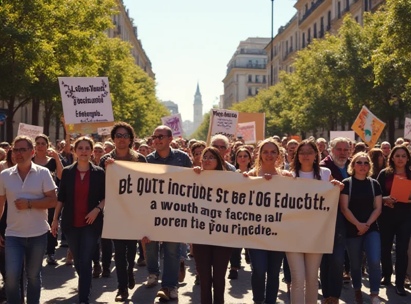 Protestors marching in Madrid with signs about education funding.