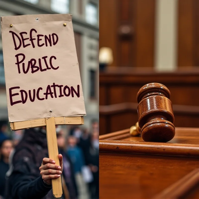 A split image showing a protest sign on one side and a courtroom gavel on the other.