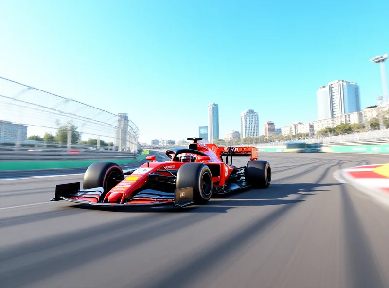 Formula 1 race car speeding around a corner on a track with Madrid skyline in the background