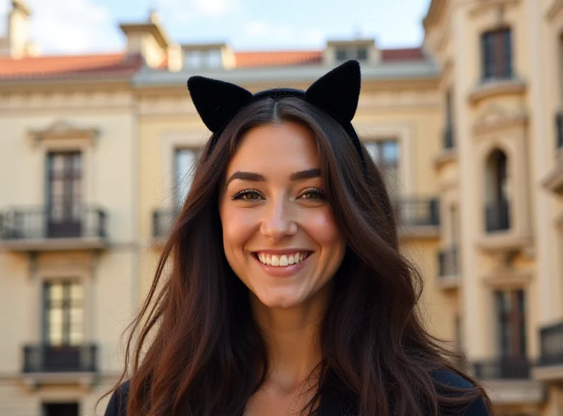 A person with a cat ears headband standing in front of a traditional Madrid building.