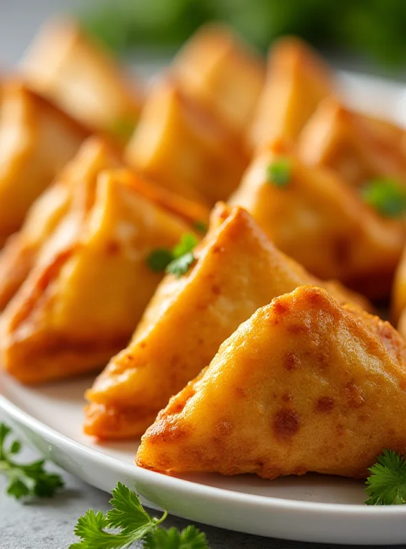 A close-up shot of golden-brown samosas arranged on a plate, garnished with cilantro.
