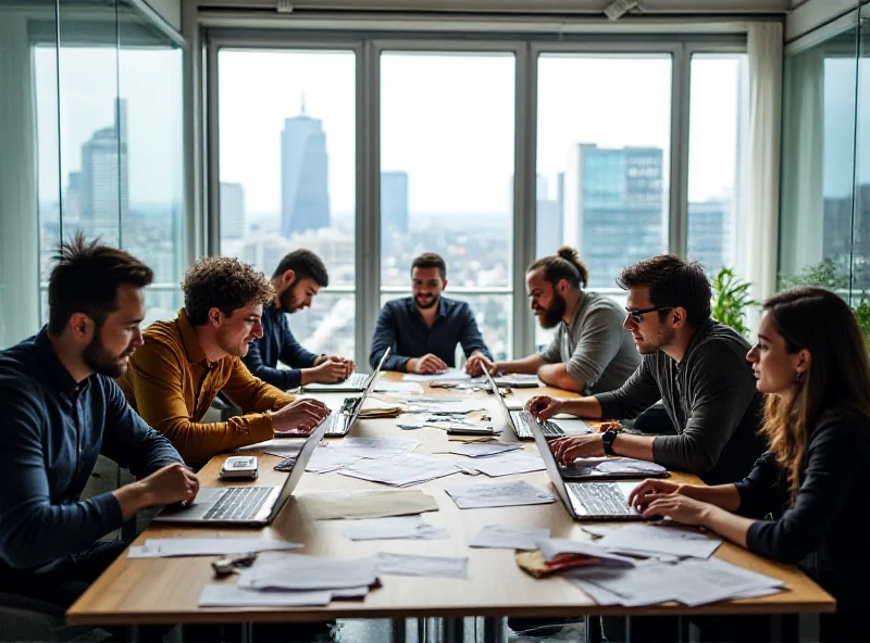 Modern office space with people collaborating around a table, representing a production company.