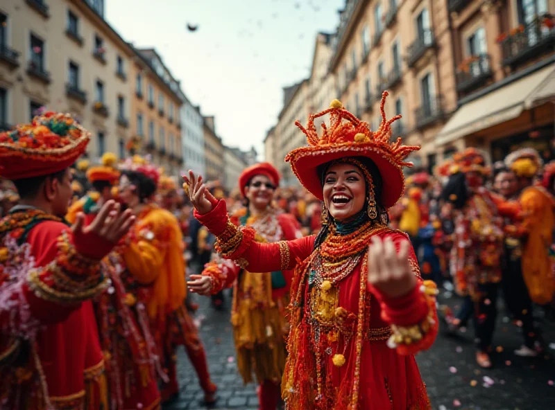 A vibrant street carnival scene in Mainz, Germany, with costumed revelers celebrating.