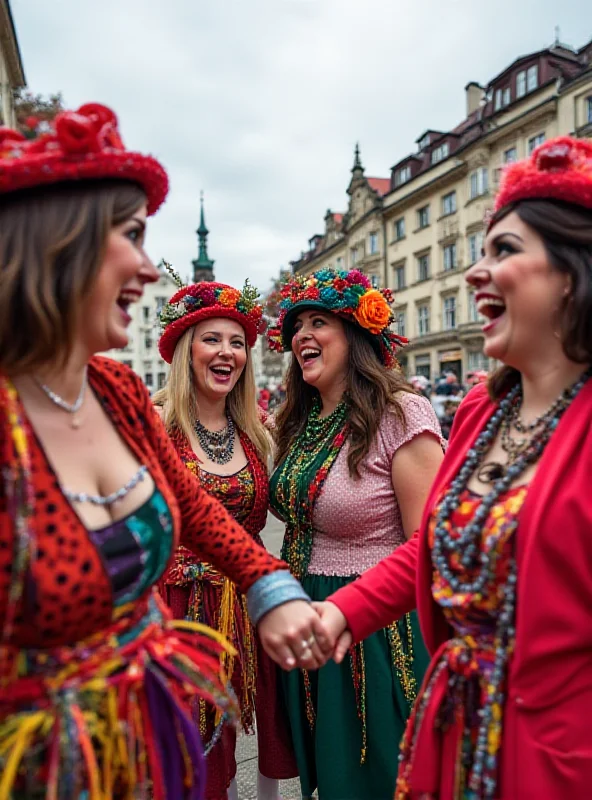 A group of women in colorful costumes, celebrating Weiberfastnacht during Carnival in Germany.