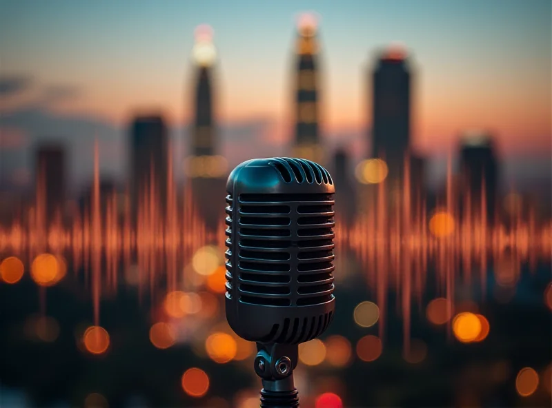 Radio microphone with sound waves and a blurred cityscape in the background, symbolizing radio broadcasting and urban life.