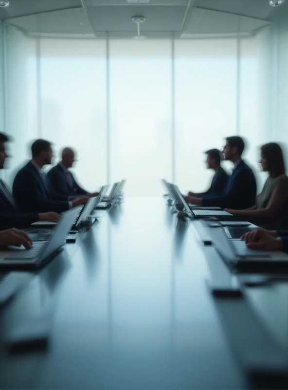 Modern office interior with blurred figures working on laptops, representing the fintech industry and board meetings.