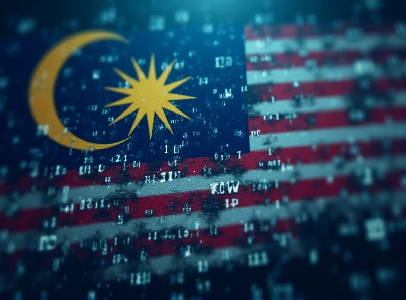 Stylized representation of data flowing rapidly, symbolizing data leaks in Malaysia, with a blurred Malaysian flag in the background.
