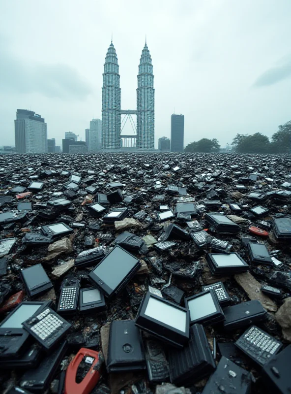 A pile of discarded electronics, including computers, phones, and televisions, with the Petronas Twin Towers faintly visible in the background.
