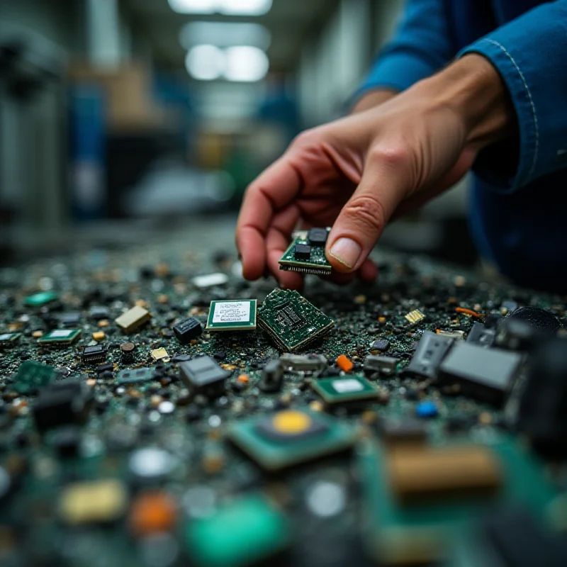 A close-up shot of a hand carefully sorting electronic waste components at a recycling facility in Malaysia.