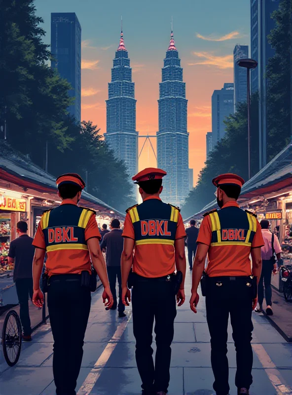 Illustration of a city street scene with Kuala Lumpur City Hall (DBKL) enforcement officers in uniform, symbolizing law and order.