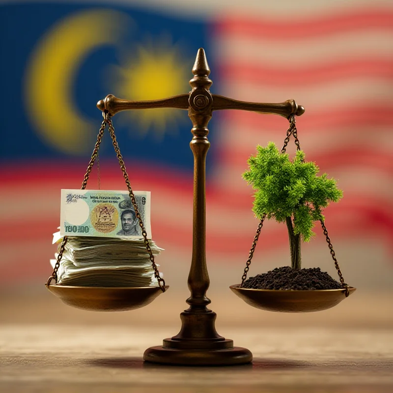 Conceptual image of a balanced scale representing the delicate equilibrium between economic growth, social welfare, and environmental protection in Malaysia.