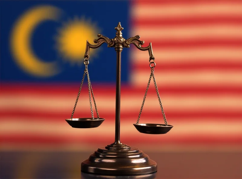 Illustration of scales of justice with Malaysian flag in the background.