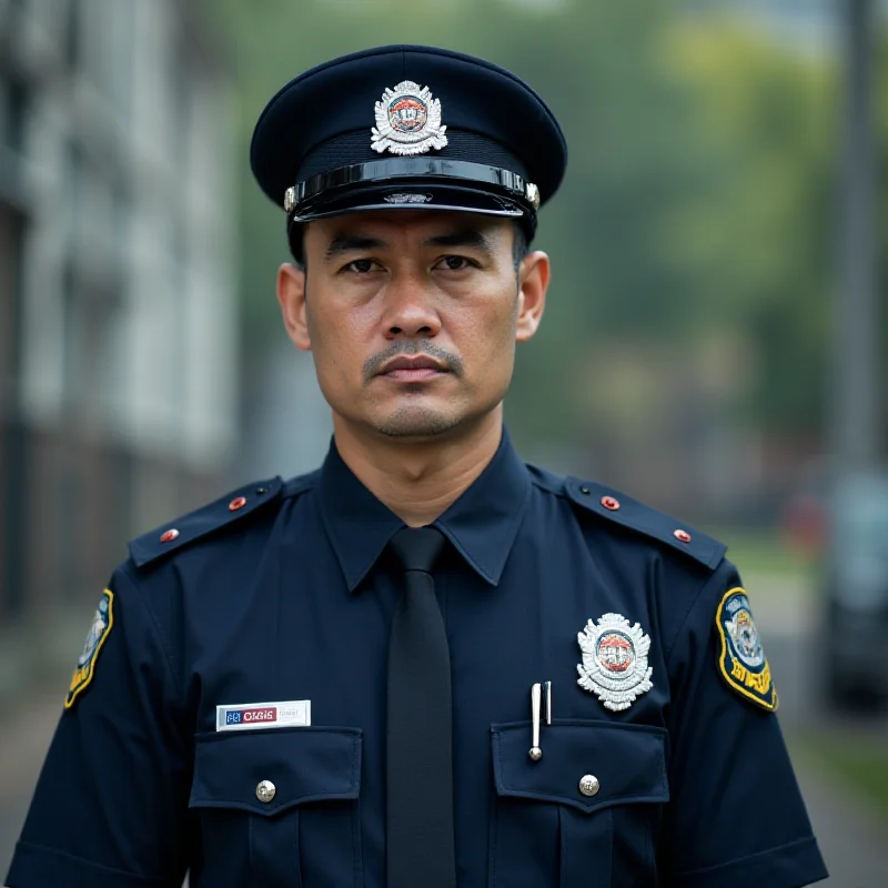 A Malaysian police officer in uniform, looking directly at the camera with a serious expression.