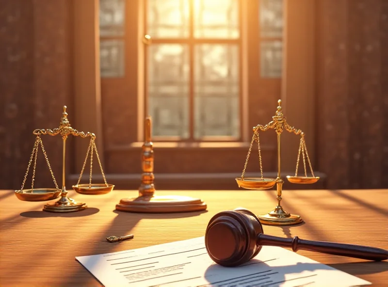 Illustration of a courtroom scene with gavels and legal documents, suggesting a court ruling.