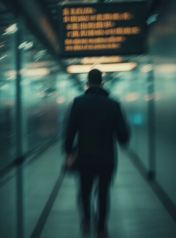 A blurred image of a person walking through an airport, suggesting the suspect is overseas and being tracked.